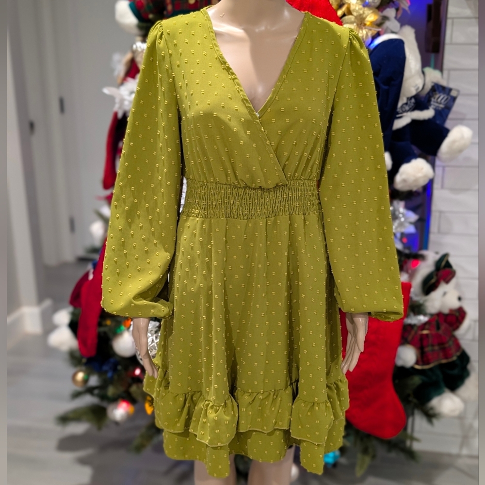 Boho Light Olive Green Swiss Dot Women's Dress Size S